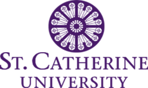 St. Catherine University logo: text underneath purple stained glass window