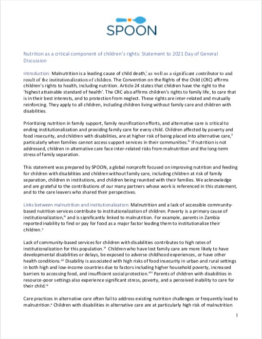 Screenshot of document promoting nutrition and disability inclusion to the UN Committee on the Rights of the Child