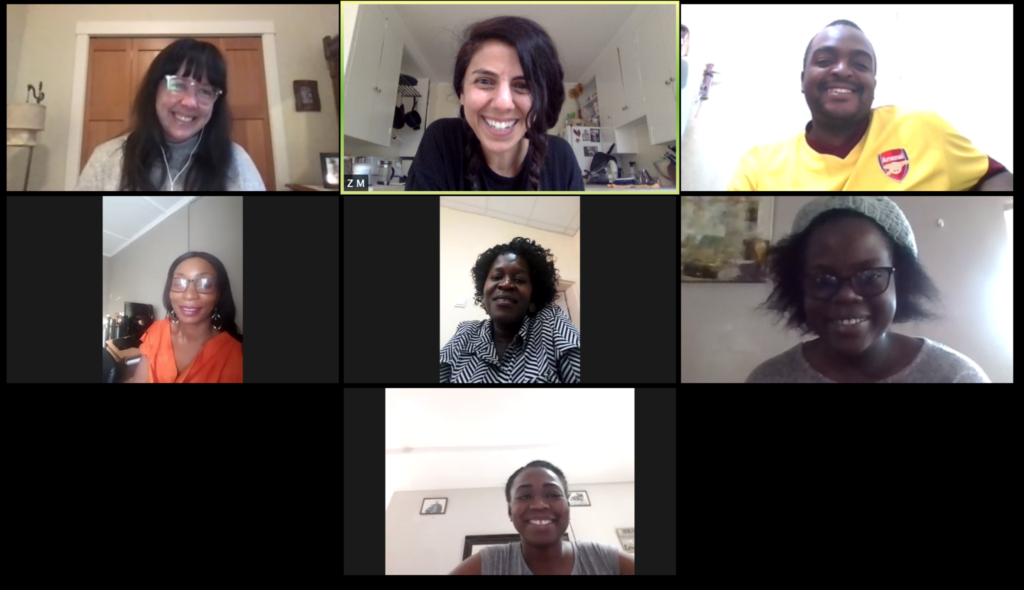 Screenshot of a Zoom call with Lauren Hughey and Zeina Makhoul from SPOON and the team in Zambia