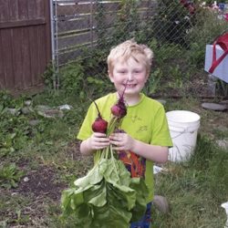 Young boy in Oregon standing in a backyard and holding two radishes