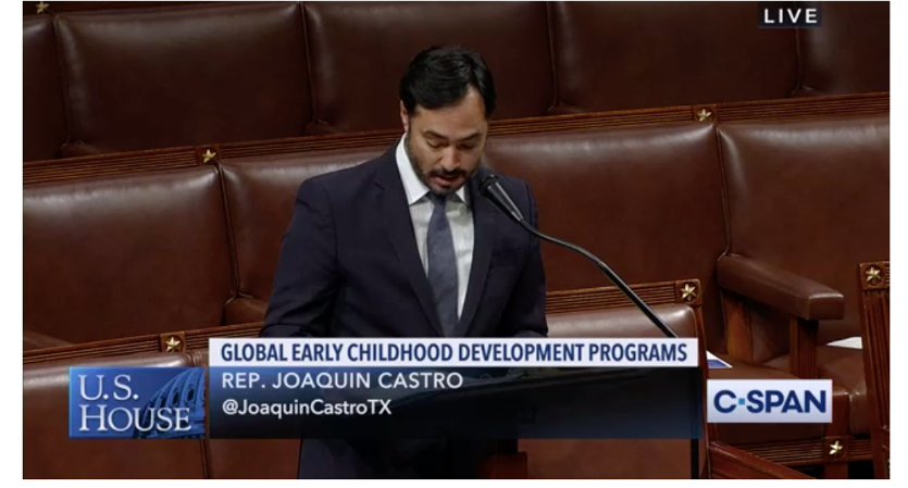 Screenshot of C-SPAN showing Representative Joaquin Castro speak on Global Early Childhood Development Programs