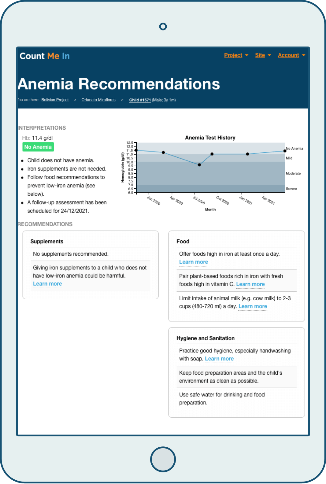Icon of a tablet showing the Anemia Recommendations page of Count Me In