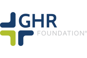 GHR Foundation logo: text next to an icon with two navy blue arrows and a green arrow