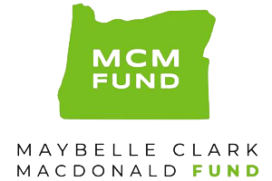 Maybelle Clark Macdonald Fund logo: text underneath a green silhouette of the shape of the state of Oregon with "MCM Fund" written inside
