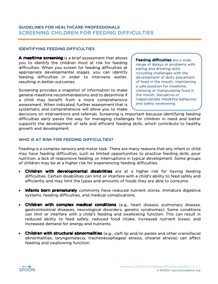 Screenshot of the first page of Guidelines for Healthcare Professionals: Screening Children for Feeding Difficulties resource