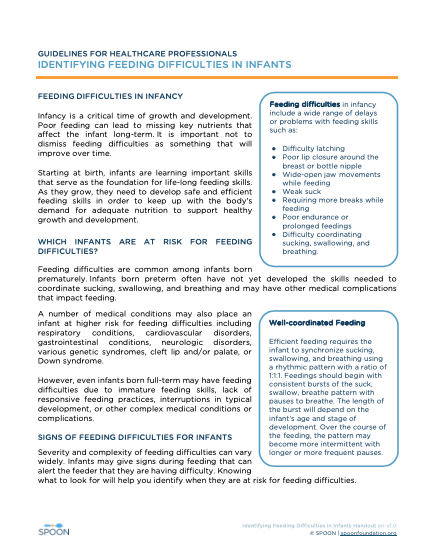 Screenshot of the first page of Guidelines for Healthcare Professionals: Identifying Feeding Difficulties in Infants resource