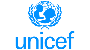 UNICEF logo: outline of a caregiver holding a child inside of a globe
