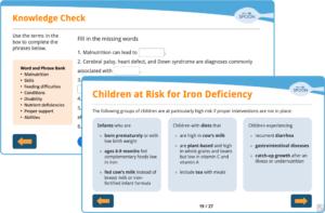 Screenshots from SPOON's Introduction to Feeding & Nutrition for Children course showing a quiz and information on children at risk for iron deficiency