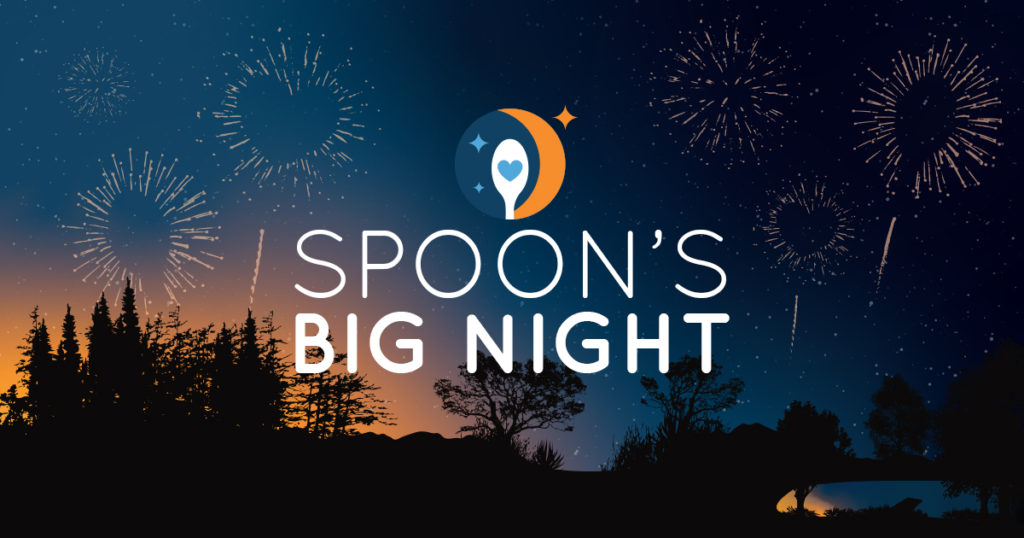 SPOON's Big Night Logo: a graphic of a spoon and stars on top of a night sky with fireworks shaped like spoons and hearts