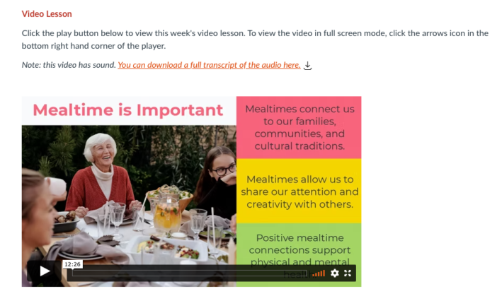 Screenshot from Nourished and Thriving Children Course showing a video lesson titled Mealtime is Important