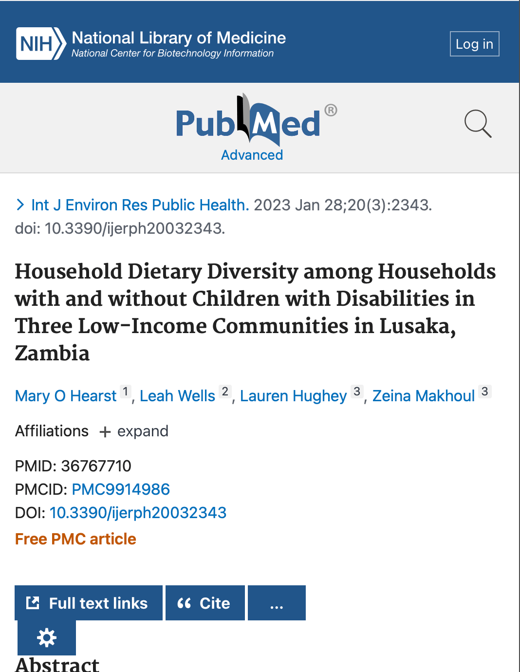 Screenshot of publication "Household Dietary Diversity among Households with and without Children with Disabilities in Three Low-Income Communities in Lusaka, Zambia"