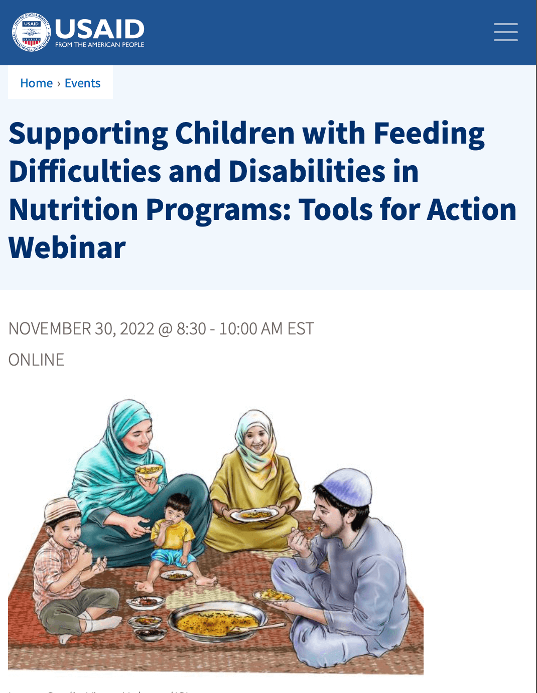 Screenshot of the webpage for "Supporting Children with Feeding Difficulties and Disabilities in Nutrition Programs: Tools for Action Webinar"